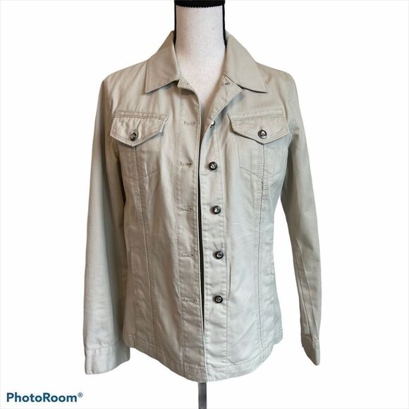 Chico's Tan Denim Jacket with Bling and Embroidery - Size 8 - Picture 1 of 11